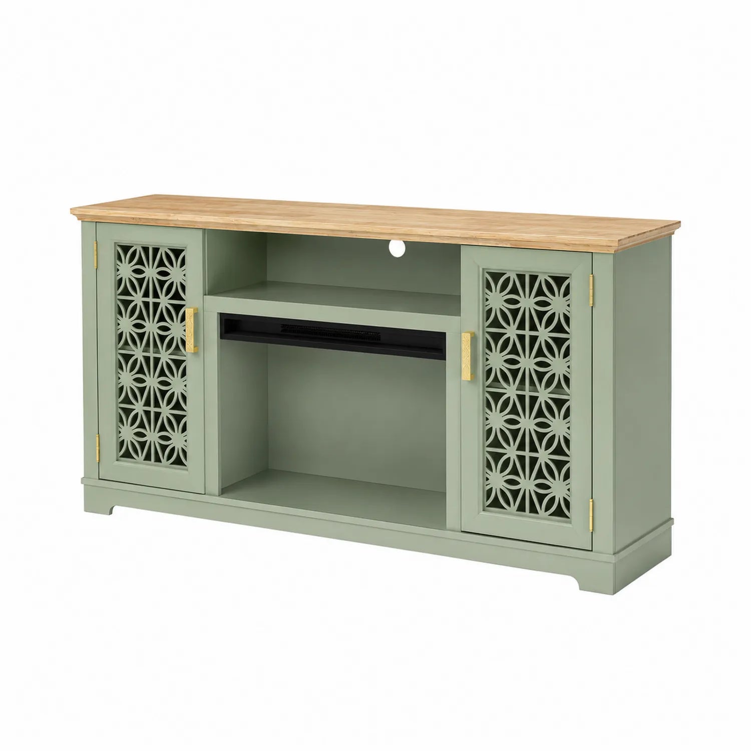 Mobile TV in MDF Verde con Piano in Legno Massello e Ante Traforate, 120x40x60 cm