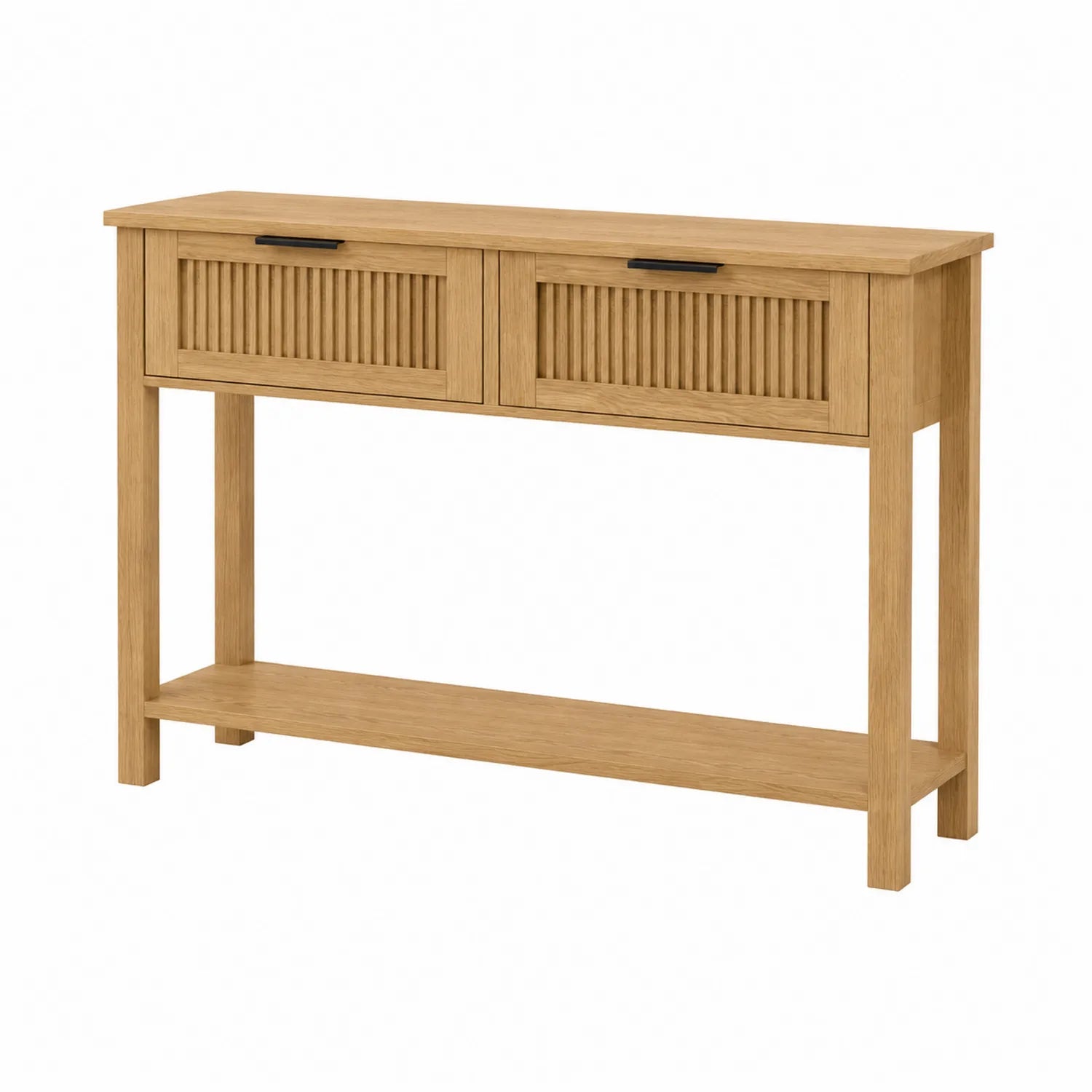 Consolle in legno di rovere con due cassetti e ripiano