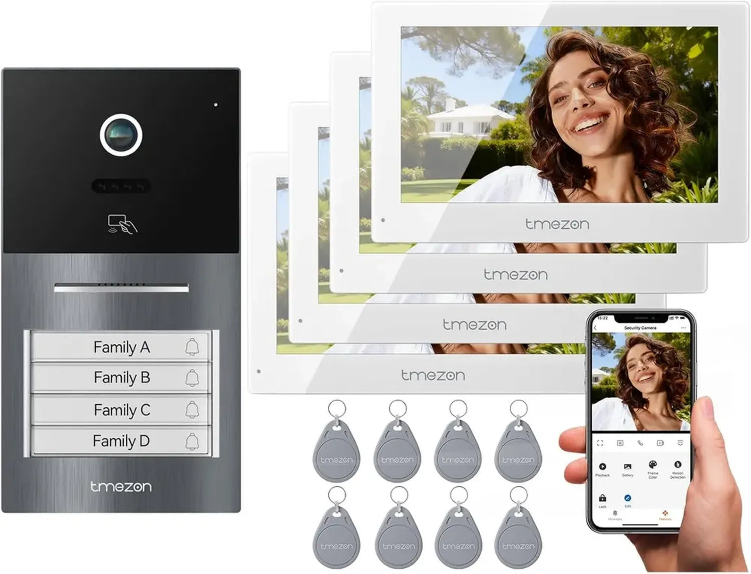 Videocitofono Smart TMEZON 2 Fili con 4 Monitor e Telecamera Esterna, Sblocco APP/RFID, Rilevamento Intelligente del Movimento, per Condomini fino a 4 Unità