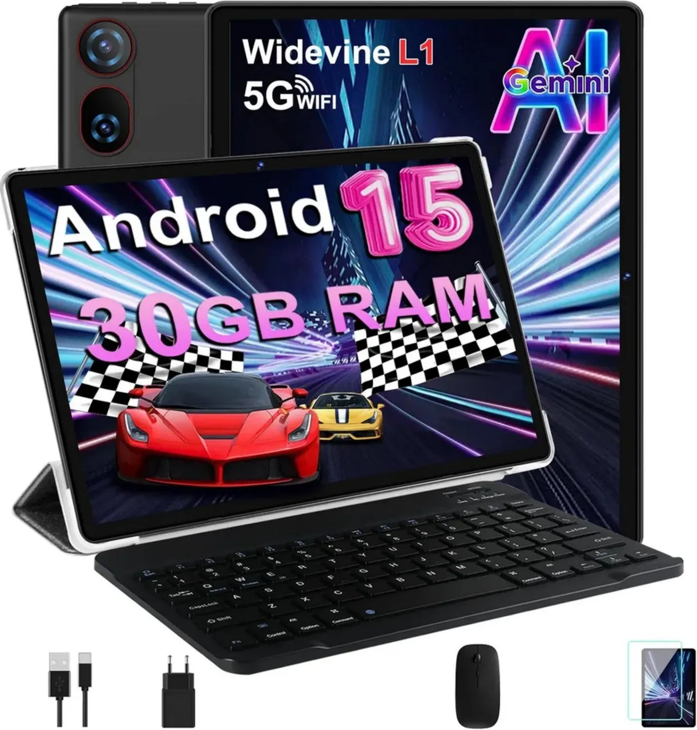 Tablet 10 Pollici Android 15, 30 GB RAM, 2TB Espandibili, FHD, Tastiera e Mouse Inclusi, Wi-Fi 5G, GPS, Octa-Core, USB-C, 6000 mAh, Fotocamera 8MP+5MP, Nero