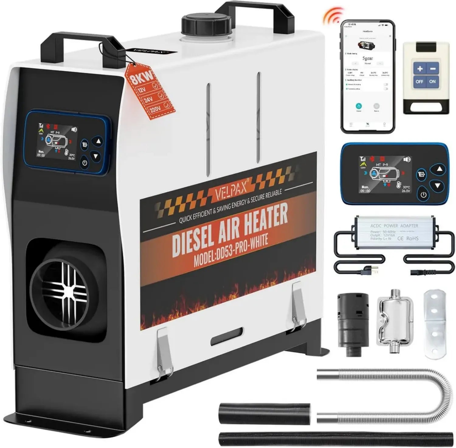 Riscaldatore Diesel Portatile 8KW, 12V/24V/220V, Telecomando LCD, Area 15-20 m²