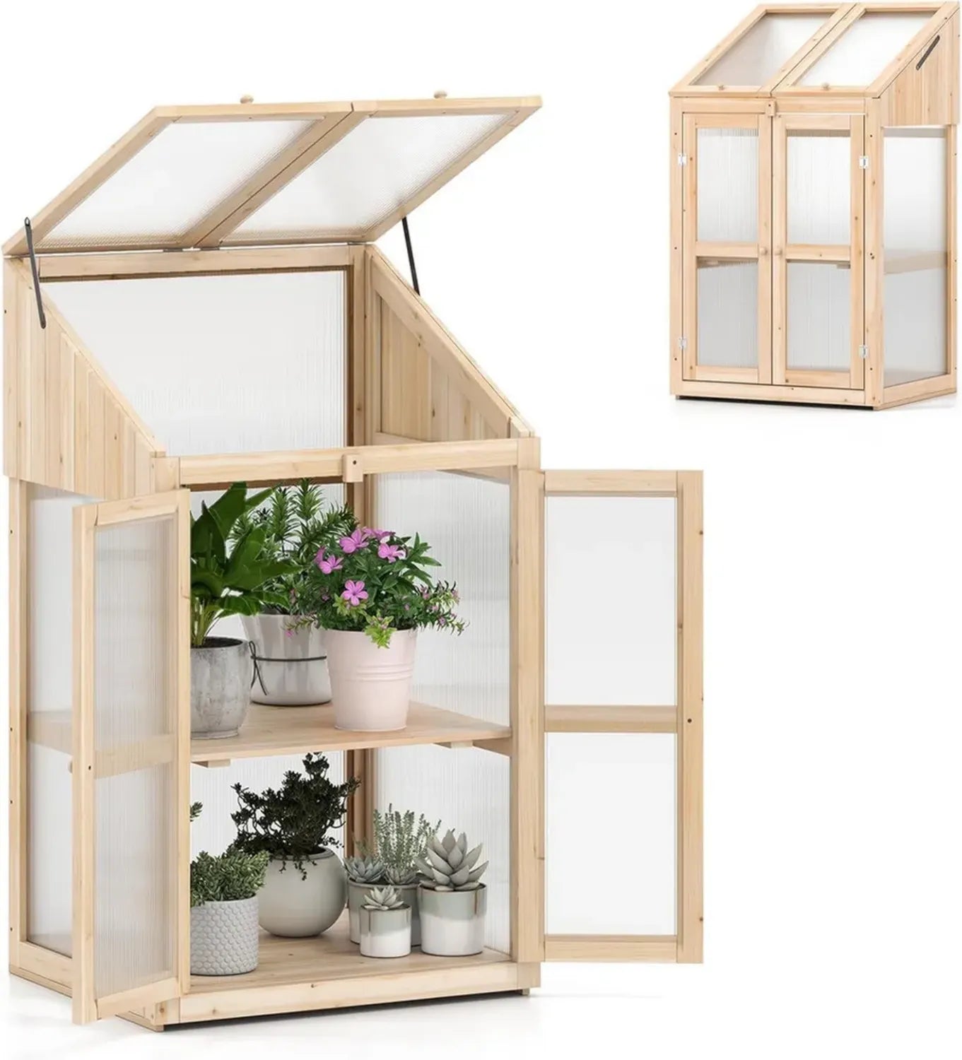 Serra da Balcone in Legno di Abete con Porte e 2 Ripiani, per Giardino e Terrazzo (Naturale, 69 x 58 x 121 cm)