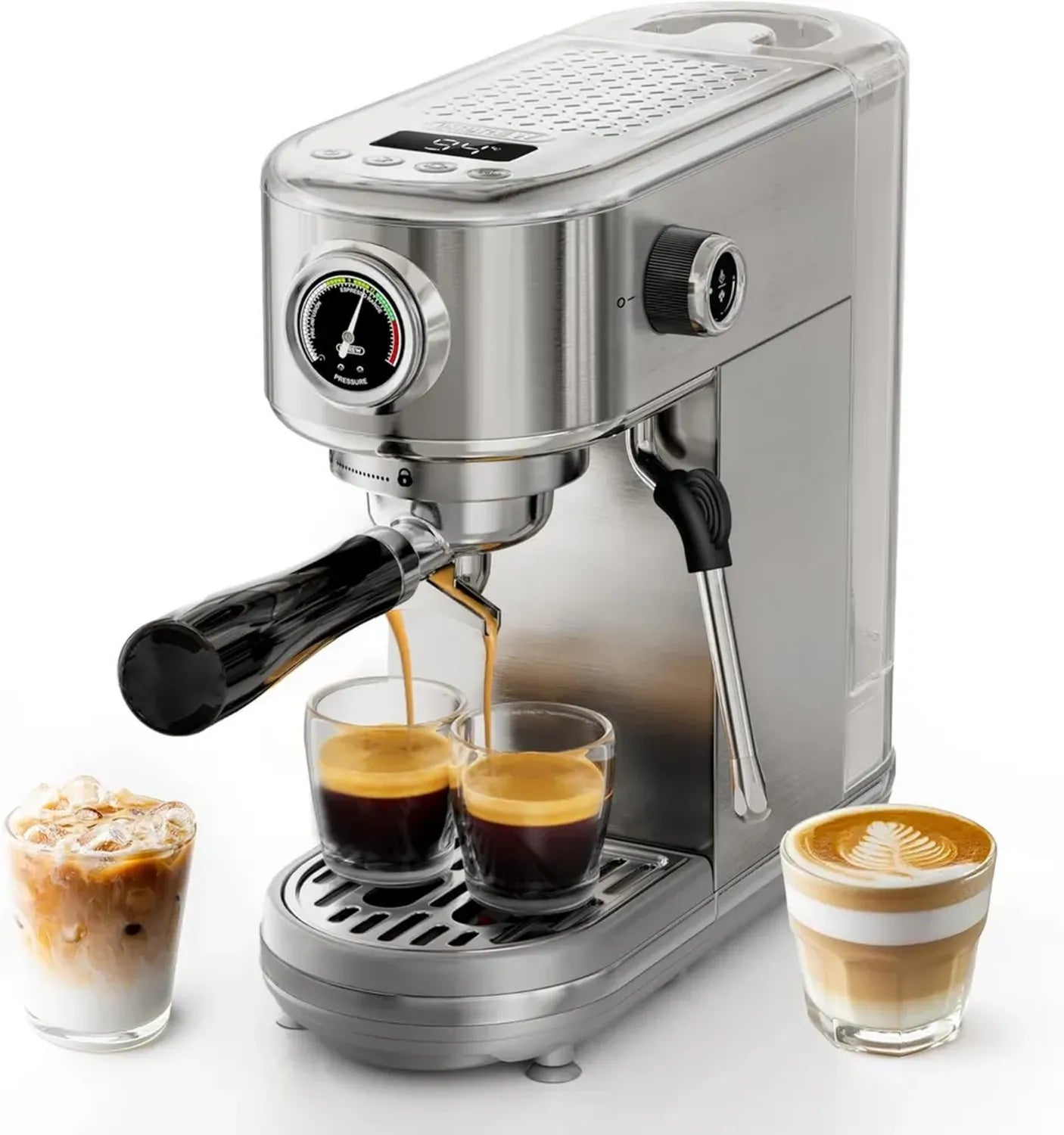 Macchina da caffè espresso programmabile HIBREW, acciaio inox, temperatura e volume regolabili, vaporizzatore per schiumalatte