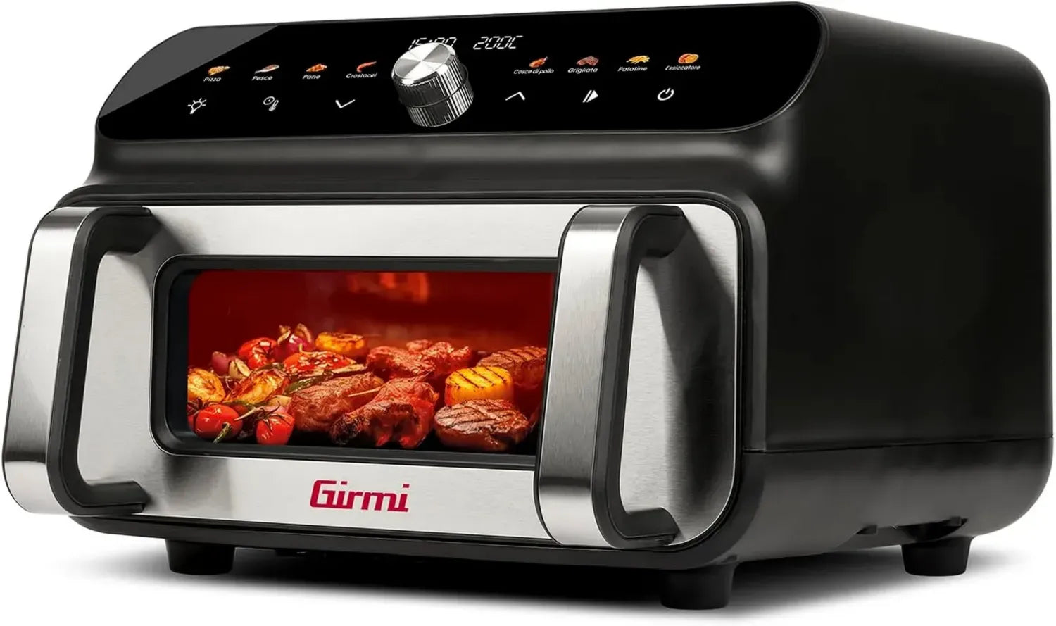 Girmi FG77 Friggitrice ad Aria e Grill, 10L, 2000W, Barbecue Senza Fumo, Doppia Resistenza, Display Digitale, Nero/Acciaio