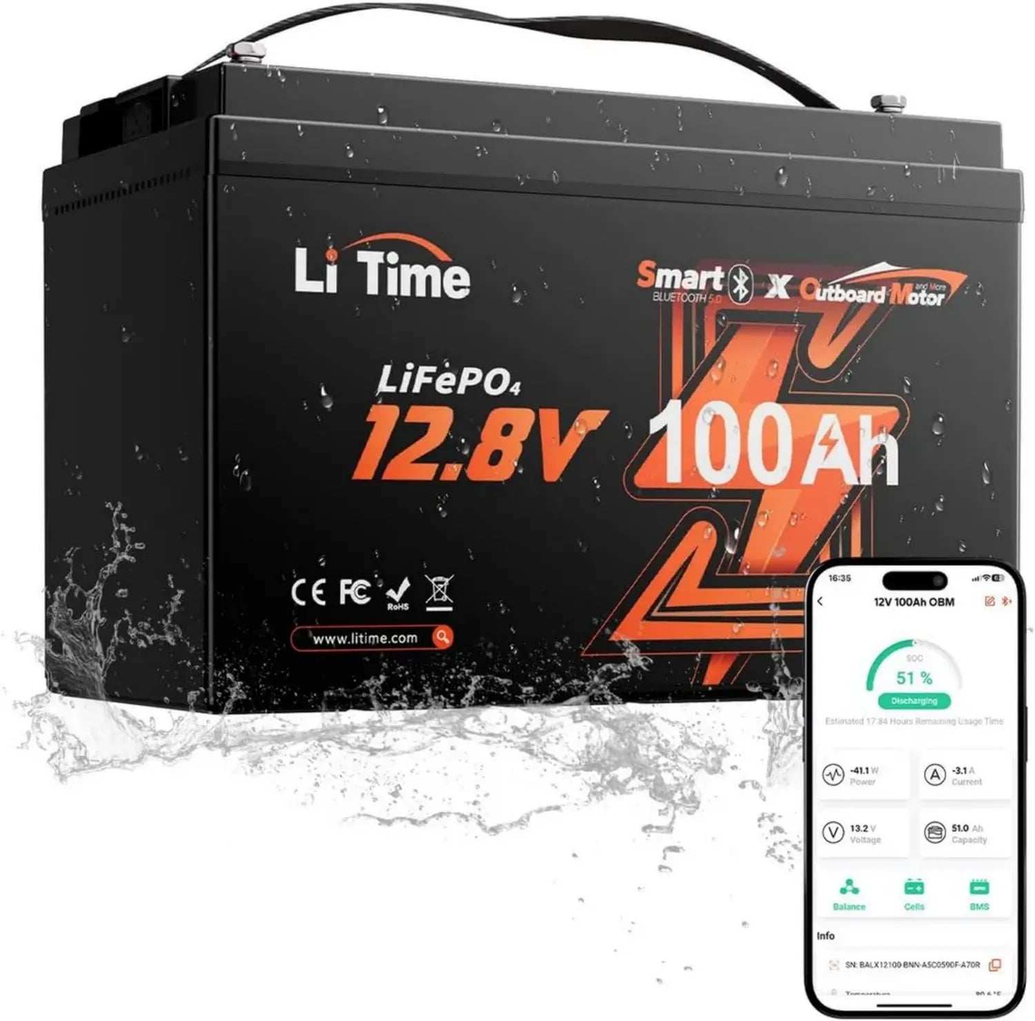Batteria LiFePO4 12V 100Ah con Bluetooth e Protezione Termica, Ideale per Motori Marini e Caravan